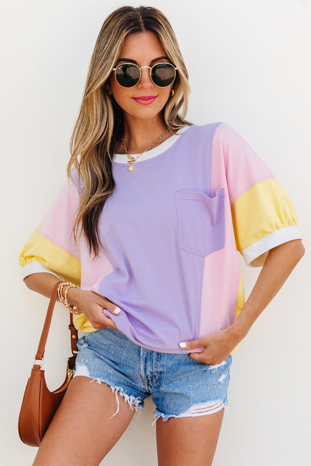 White Color Block Patchwork Half Sleeve Oversized T Shirt