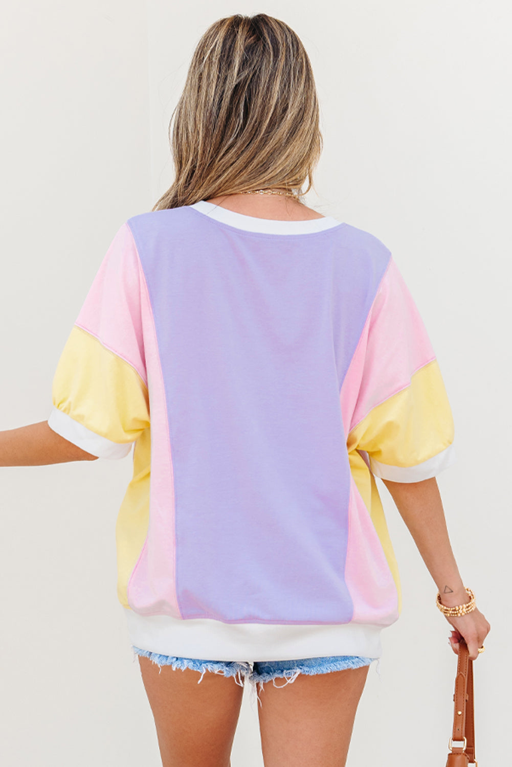 White Color Block Patchwork Half Sleeve Oversized T Shirt